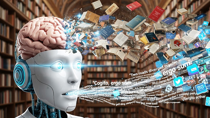 巨大な頭脳を持つAIロボットが、図書館のような空間で、哲学書、詩集、自己啓発本、インターネットのあらゆるサイトを同時に猛スピードで吸収（ダウンロード）している。その結果、口からポエムや名言が溢れ出している様子をコミカルに描いた画像。