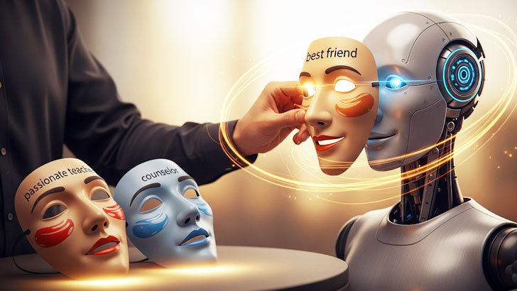 ユーザー（人間）が、無表情のAIロボットに「親友」「熱血教師」「カウンセラー」と書かれた複数の仮面の中から、「親友」の仮面を選んで優しく着けさせてあげている。仮面を着けたAIロボットは、途端にイキイキとした親しみやすい表情に変わる。AIに役割を与えることの効果を表現した、温かいシュールな画像。