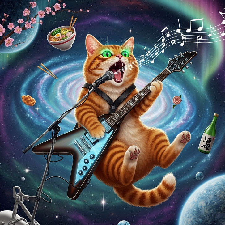 僕の初AI作曲作品「ギャラクシー・にゃんこ演歌メタル」のイメージ図。宇宙空間に浮かぶ猫がヘビーメタルのギターをかき鳴らし、演歌のこぶしをきかせているシュールなイラスト。