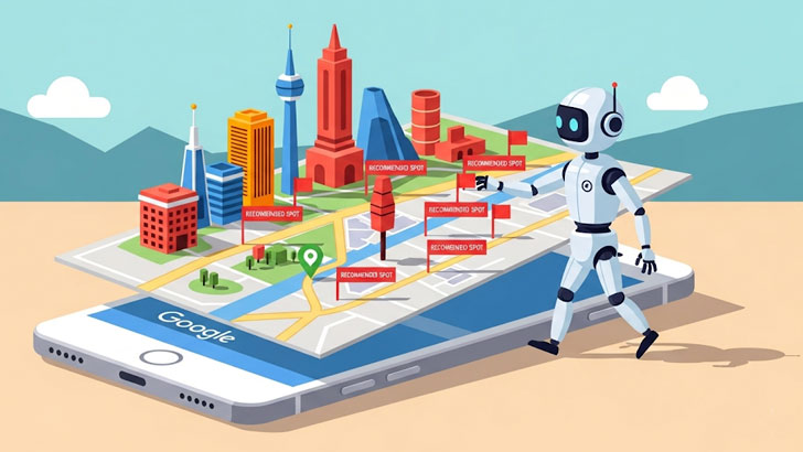 スマートフォンの画面からGoogleマップの地図が立体的に飛び出し、その上をAIロボットが歩き回りながら、おすすめスポットに旗を立てているイメージ図。AIによる地図情報の進化を視覚的に表現。近未来的なデザイン。