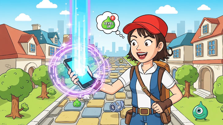 いつもの街並みが、ファンタジーRPGのマップのように描かれている。その道を、スマートフォンを片手にした日本人冒険者がワクワクした表情で歩いている。スマートフォンからは魔法のような光があふれている。