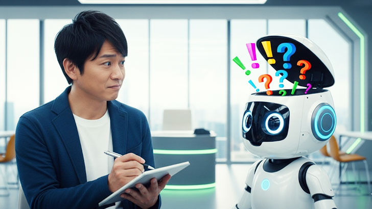 脳みそからカラフルなビックリマークやハテナマークが飛び出している可愛いAIロボットと、それを見て少し呆れながらも面白そうにノートを取っている親しみやすい雰囲気の日本人男性、明るい未来的なオフィス、キャラクターデザイン、明るいスタジオ照明