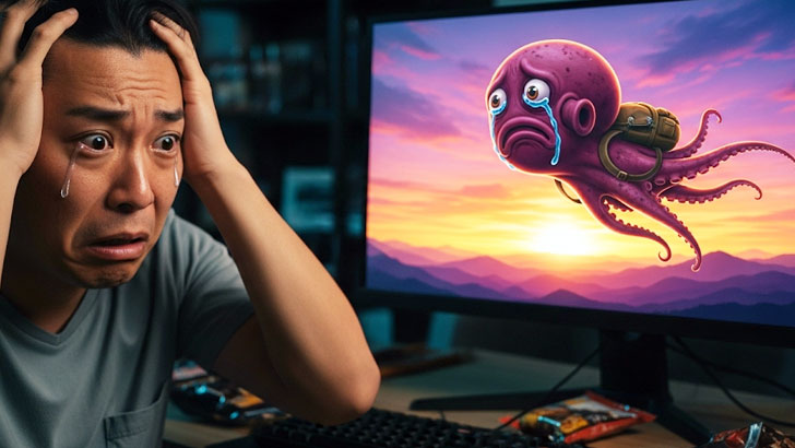 AIが生成した「泣きながら夕日に向かって飛ぶタコ」のシュールなイラストが表示されたPCモニターの前で、親しみやすい雰囲気の日本人男性が頭を抱えて絶望している。コミカルな失敗談のイメージ。