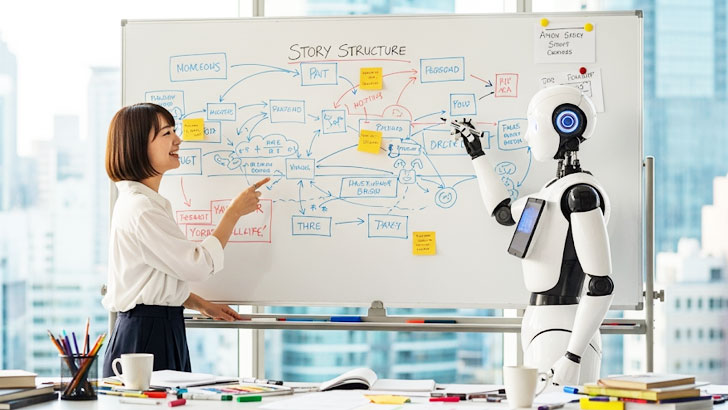 親しみやすい雰囲気の日本人とフレンドリーなAIロボットが、巨大なホワイトボードに物語の構成図を協力して書き込んでいる。創造的で楽しそうな雰囲気。