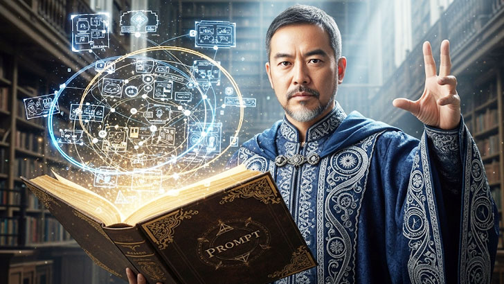 魔法使いのローブを着た日本人男性が、開いた古い魔法の書（プロンプト）をかざすと、本から光り輝く立体的な物語の設計図が召喚されている。ファンタジックで知的なイメージ。