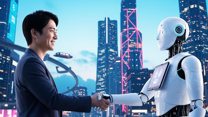 親しみやすい雰囲気の日本人と、光沢のある白いAIロボットが、未来的な都市の夜景を背景に、お互いを信頼した表情でがっちりと握手をしている。希望に満ちたイメージ。