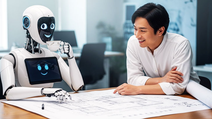 AIロボットと親しみやすい雰囲気の日本人男性が、一枚の大きな設計図（プロット）をテーブルに広げて楽しそうに議論している。ロボットはなぜか湯呑でお茶を飲んでいる。少しシュールで面白い雰囲気。