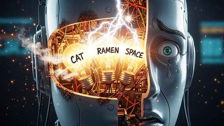 AIロボットの頭がパカっと開いていて、その中で「猫」「ラーメン」「宇宙」の3つの電球がショートして火花を散らしている。