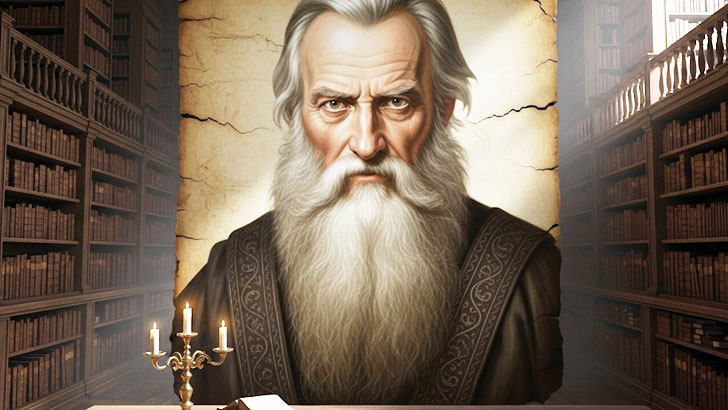 中世ヨーロッパの図書館を背景に、古びた羊皮紙に描かれた肖像画。長いあごひげを生やし、賢そうな、しかしどこか胡散臭い表情をした架空の哲学者「レオナルド・フォン・ヘルメス」。