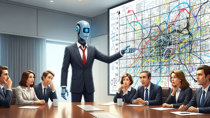 スーツを着た新入社員風のAIロボットが、役員会議のような場所で自信満々にプレゼンテーションしている。しかし、背後の巨大スクリーンに映し出されたグラフやデータは、どう見てもデタラメで落書きのよう。
