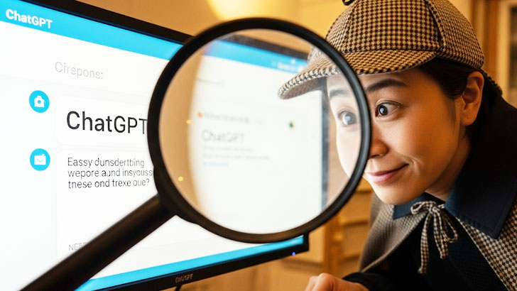 探偵のトレードマークである鹿撃ち帽とマントを身に着け、巨大な虫眼鏡でPCのモニターを真剣に覗き込んでいる。画面にはChatGPTのテキストが映し出されている。