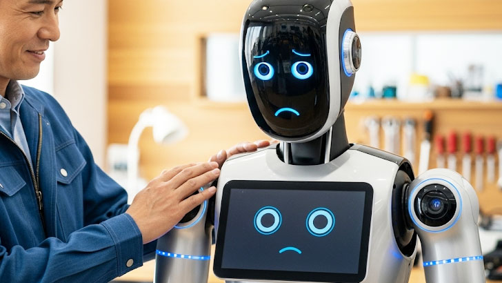 優しい表情の日本人男性が、少し困った顔をしているAIロボットの肩をポンと叩いて励ましている。「分からなかったら、正直に『分かりません』って言っていいんだぞ」と語りかけているような、心温まるシーン
