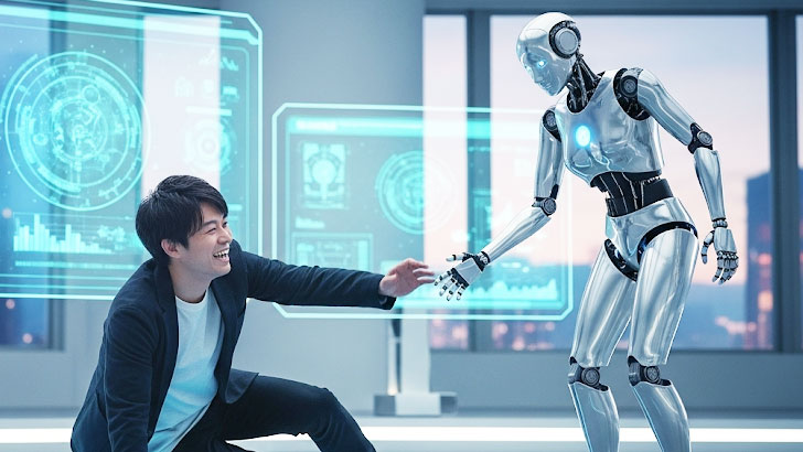 失敗して床に派手に転んでしまった日本人男性。しかし彼は落ち込むことなく、むしろ笑いながら起き上がろうとしている。その彼に、AIロボットがそっと手を差し伸べている。