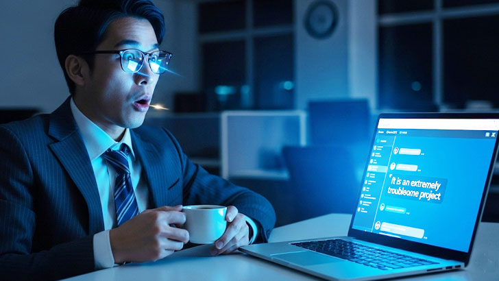 深夜のオフィスで、ノートPCの画面に映し出された衝撃的なAIの回答を見て、コーヒーを吹き出しそうになる日本人ビジネスマン。