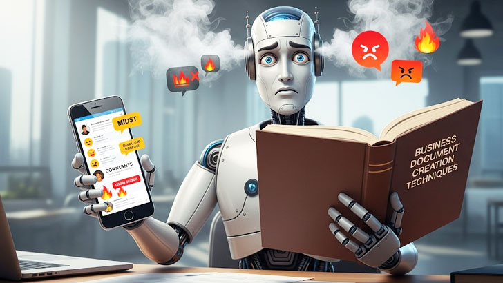 AIロボットが学習データとして、真面目なビジネス書とふざけたSNSの投稿を同時に読んで脳が混乱しているイラスト。
