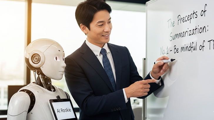 日本人ビジネスマンが優しい先生のように、AIロボットに「要約の心得」をホワイトボードで教えている。