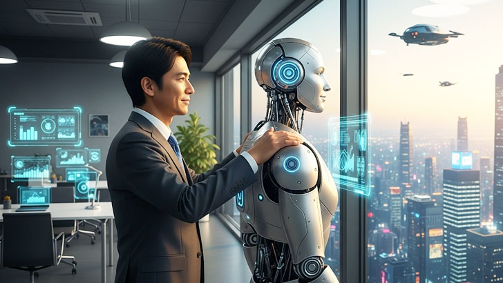 日本人ビジネスマンがAIロボットの肩に手を置き、頼れる上司のように未来の都市を指さしている。