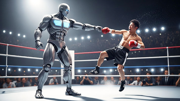 ボクシングリングで、巨大で冷静なAIロボットのパンチを食らって派手に吹き飛ばされる日本人男性のコミカルなイラスト。