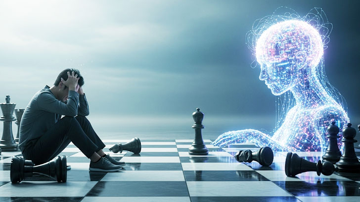 巨大な電子頭脳のような見た目のAIが、チェス盤の前に座る悩める人間を見下ろしているイラスト。