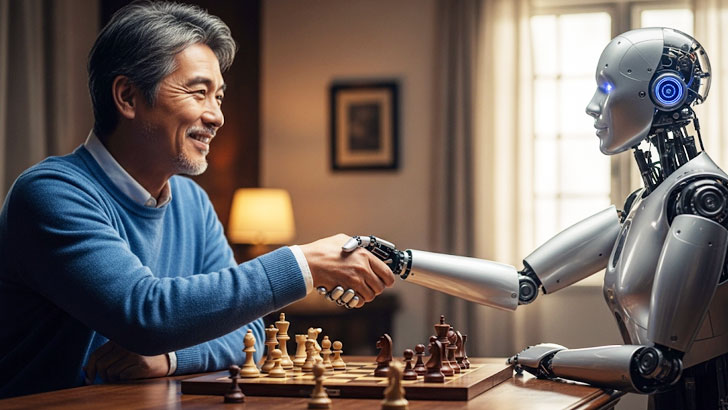 日本人男性とAIロボットがチェス盤を挟んでにこやかに握手している。勝敗を超えた友情を感じさせるイメージ。