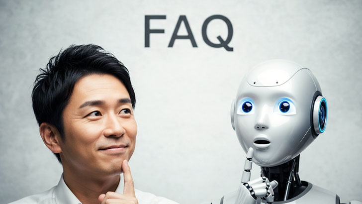 「？」マークがたくさん浮かんだ背景の前で、AIロボットと日本人男性が一緒に首をかしげているイラスト。