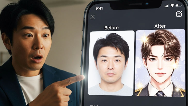 「加工前」として塩顔の日本人男性の写真が、「加工後」として少女漫画に出てきそうなキラキラしたイケメンのAIイラストが表示され、その差に愕然としている。