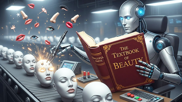 AIロボットが「美しさ」と書かれた教科書を読みながら、人間の顔写真をデータに当てはめて、理想の顔に作り変えている工場のイラスト。