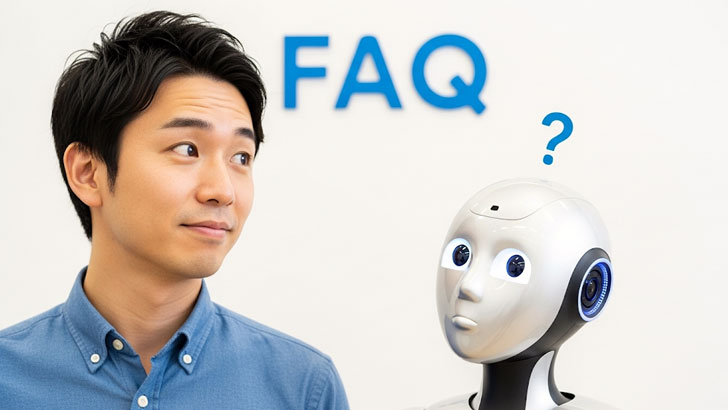 「？」マークがたくさん浮かんだ背景の前で、AIロボットと日本人男性が一緒に首をかしげているイラスト。