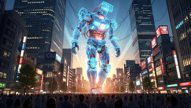 都会のビル群の間を、巨大なAIロボットの怪獣がゆっくりと歩いている様子。人々は驚きながらも空を見上げている。