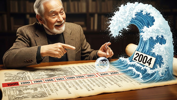 歴史年表の上で、過去のITバブルと現在のAIブームが比較されているイラスト。