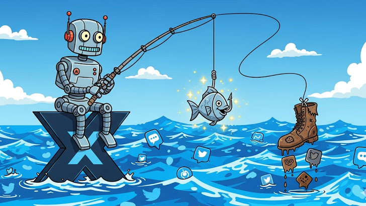 AIロボットがX（旧Twitter）のロゴの上に座り、ツイートの海で釣りをしている。釣れる魚の中にはキラキラ輝くもの（良い投稿）もあれば、古い長靴（悪い投稿）もある。AIによるツイート生成の試行錯誤を表現したユーモラスなイラスト。